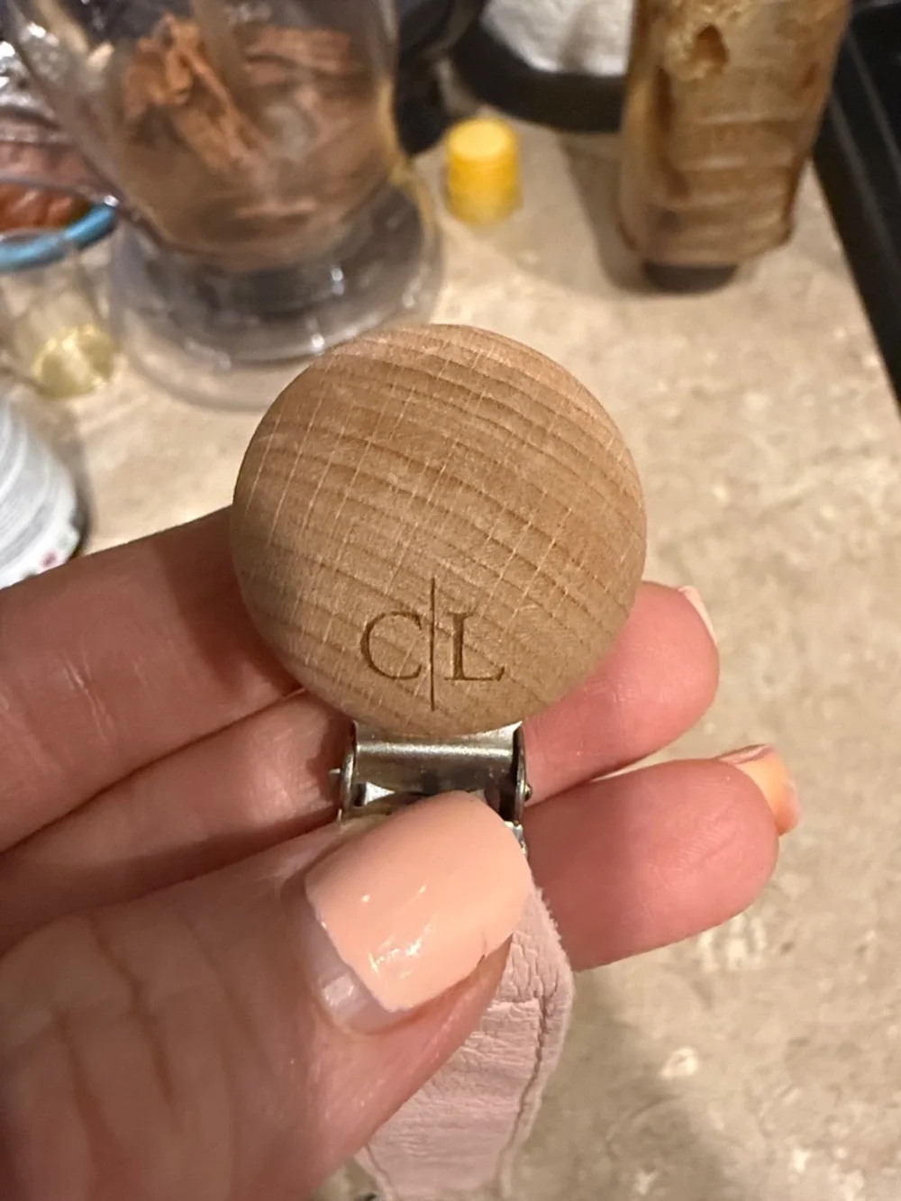 Caden Lane personalized Pink Leather Pacifier Clip with Wood Accent 